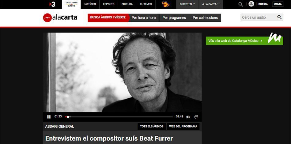 El compositor Beat Furrer, entrevistado en Catalunya Música con motivo de su visita y masterclasses en el ciclo Liceu Cambra
