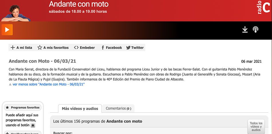 La Directora General de la Fundació Conservatori Liceu, Maria Serrat, entrevistada al programa ‘Andante con moto’ de Radio Clásica – Radio Nacional de España