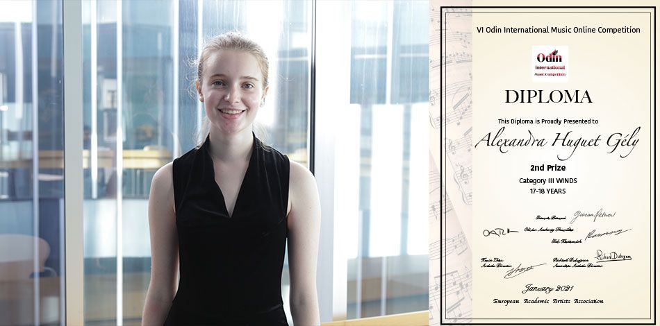 Alexandra Huguet, alumna de la Fundació Conservatori Liceu i Becària de la Fundació de Música Ferrer-Salat, guanyadora del 2n premi a l’Odin International Music Competition