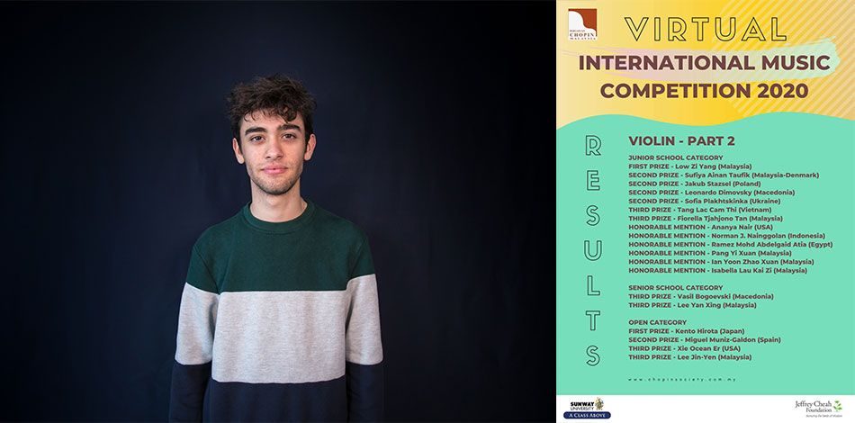 Miquel Muñiz, alumne del Centre Superior Liceu i Becari de la Fundació de Música Ferrer-Salat, guanyador del segon premi de la Virtual International Music Competition Malaysia 2020